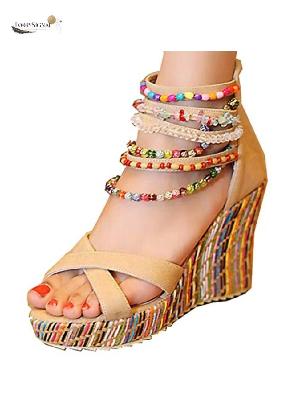 Women's Platform Wedge Sandals with Pearls, High Heel, Ankle Strap
